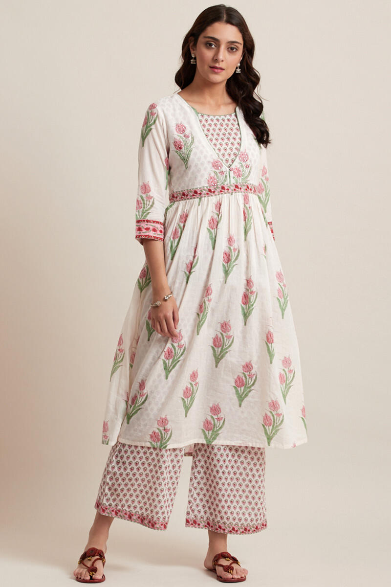 White Block Printed A-line Cotton Kurta