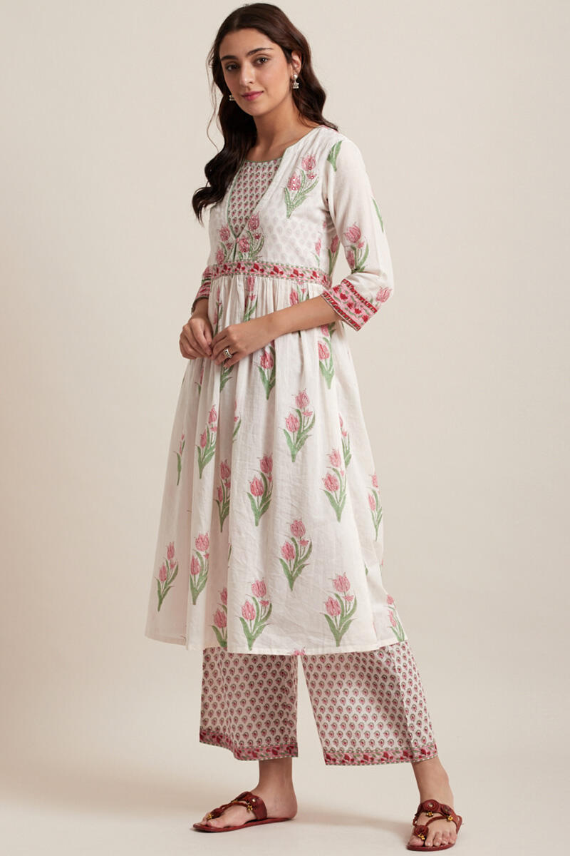 White Block Printed A-line Cotton Kurta