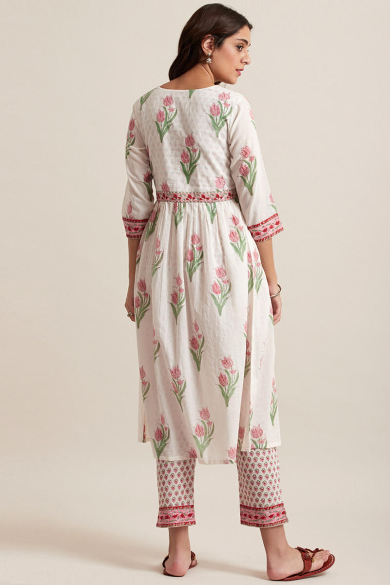 White Block Printed A-line Cotton Kurta
