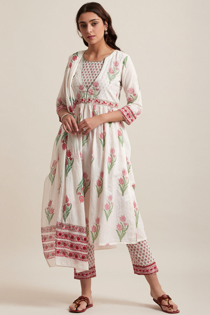White Block Printed A-line Cotton Kurta