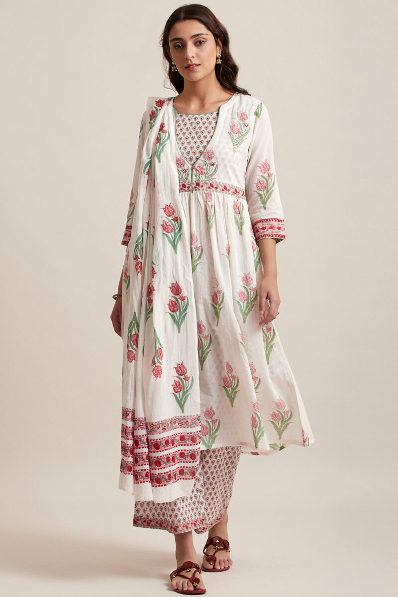White Block Printed A-line Cotton Kurta
