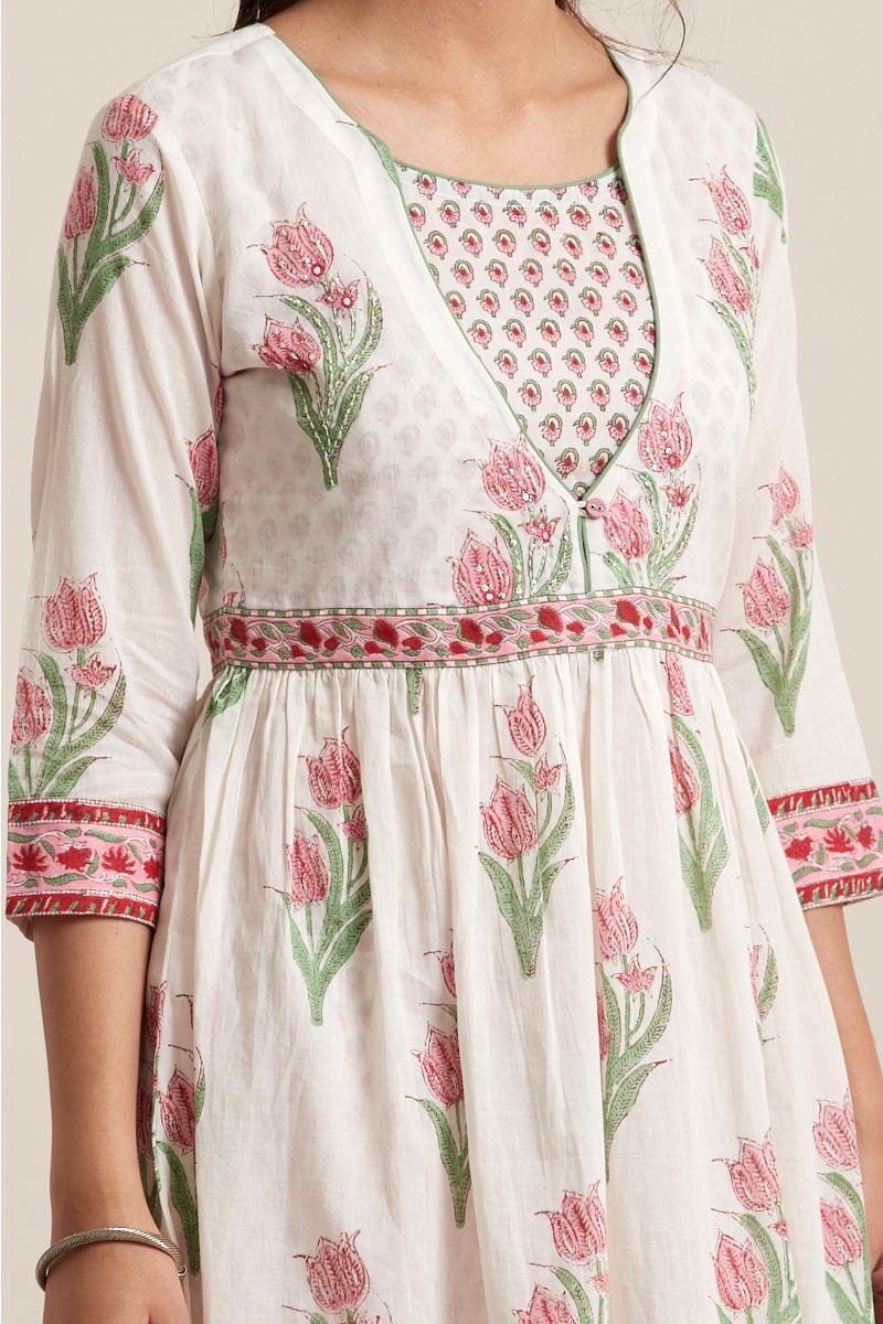 White Block Printed A-line Cotton Kurta