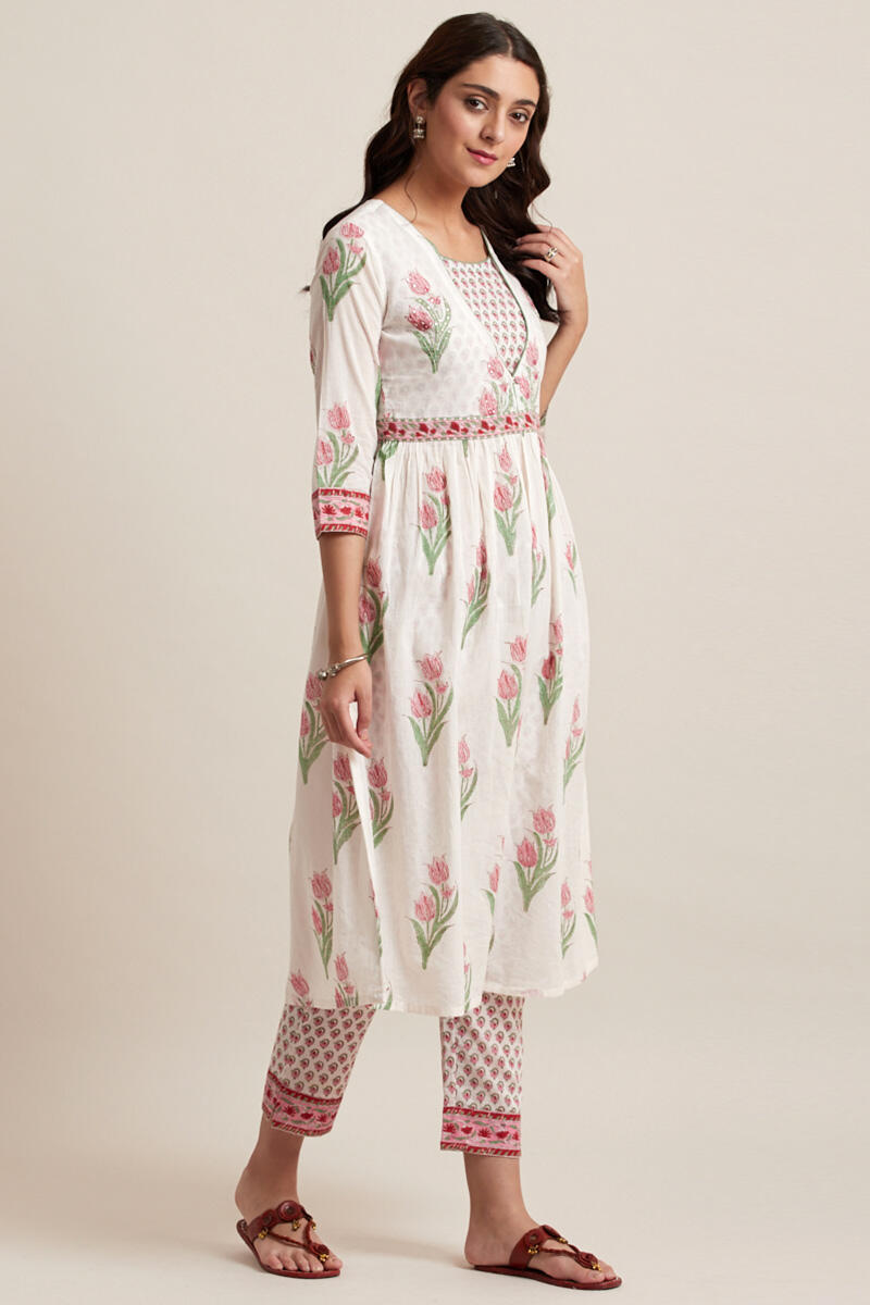White Block Printed A-line Cotton Kurta