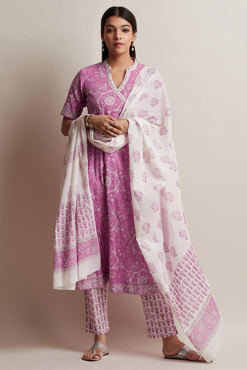 Pink Block Printed Cotton Dupatta