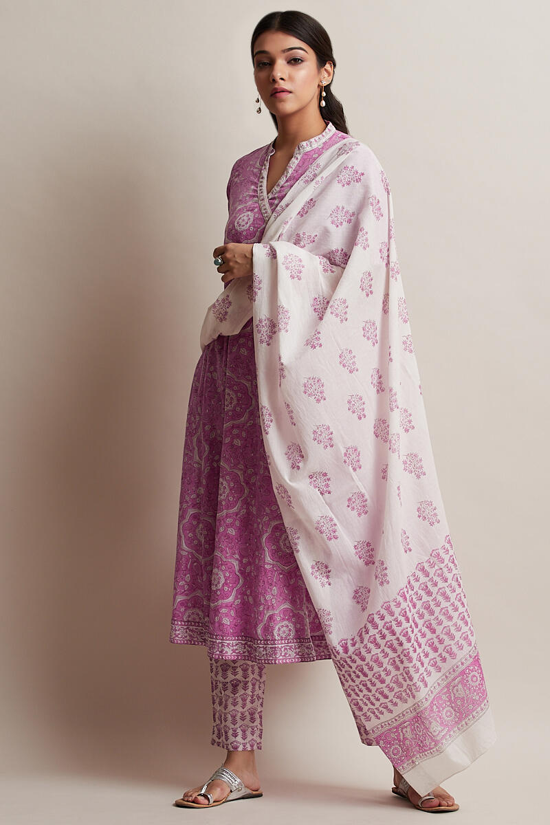 Pink Block Printed Cotton Dupatta