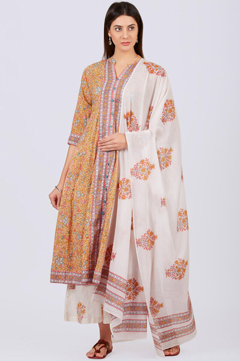 White Block Printed Cotton Dupatta