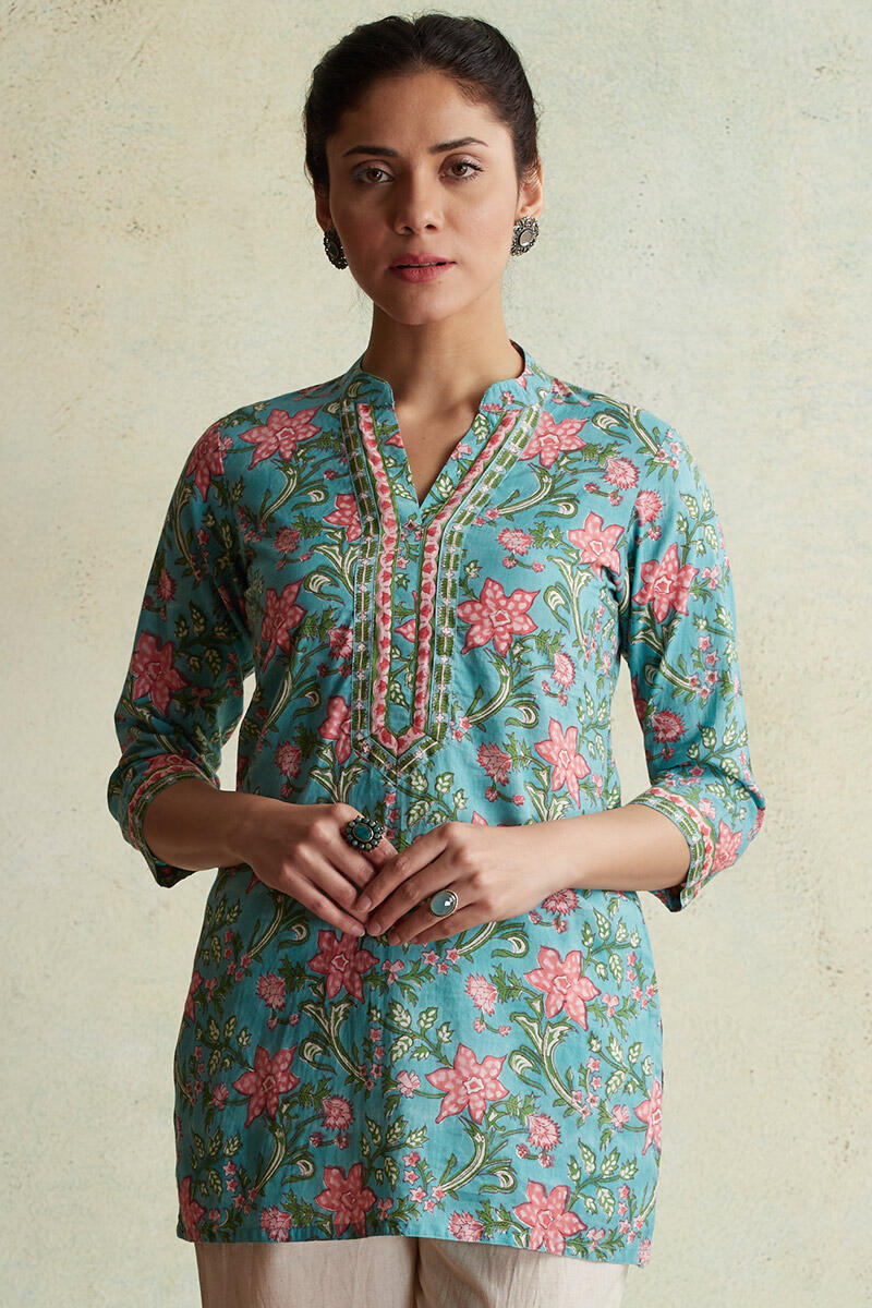 Turquoise Block Printed Cotton Kurti