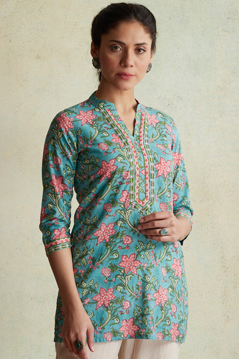 Turquoise Block Printed Cotton Kurti