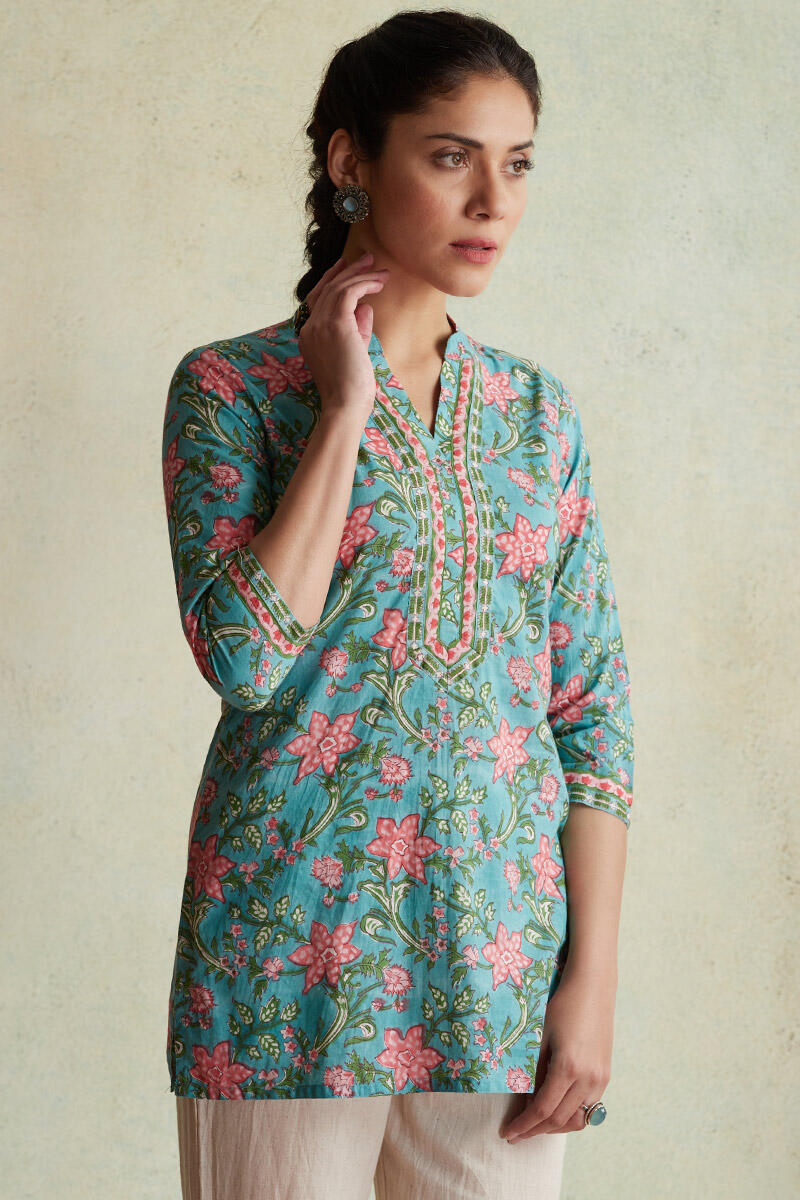 Turquoise Block Printed Cotton Kurti