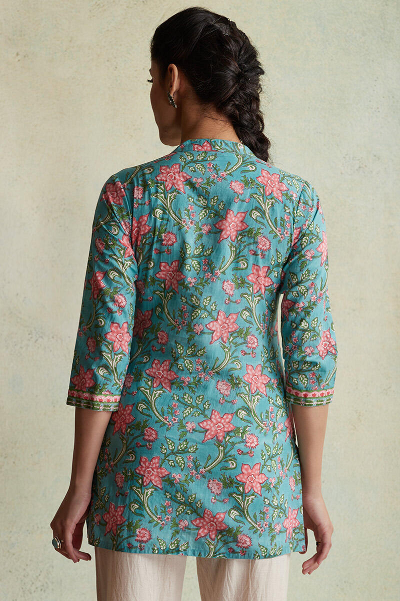 Turquoise Block Printed Cotton Kurti