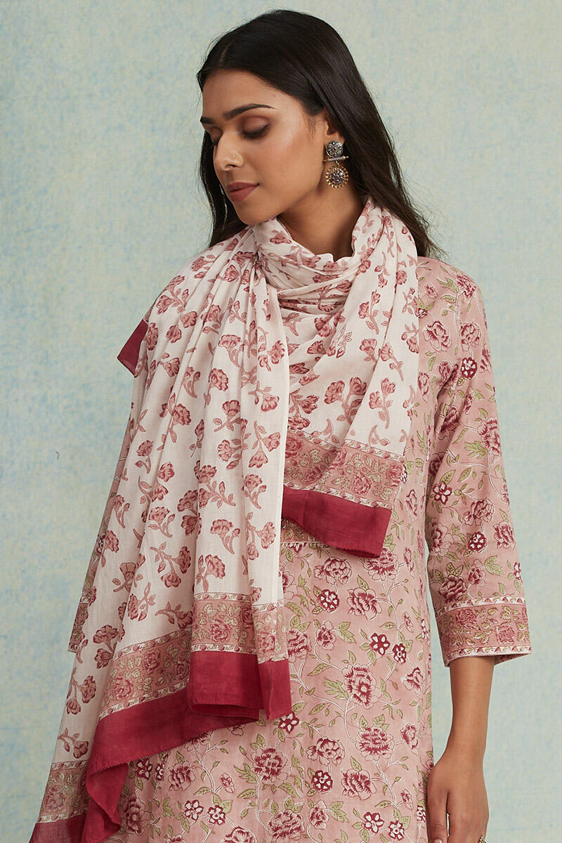 White Block Printed Cotton Dupatta