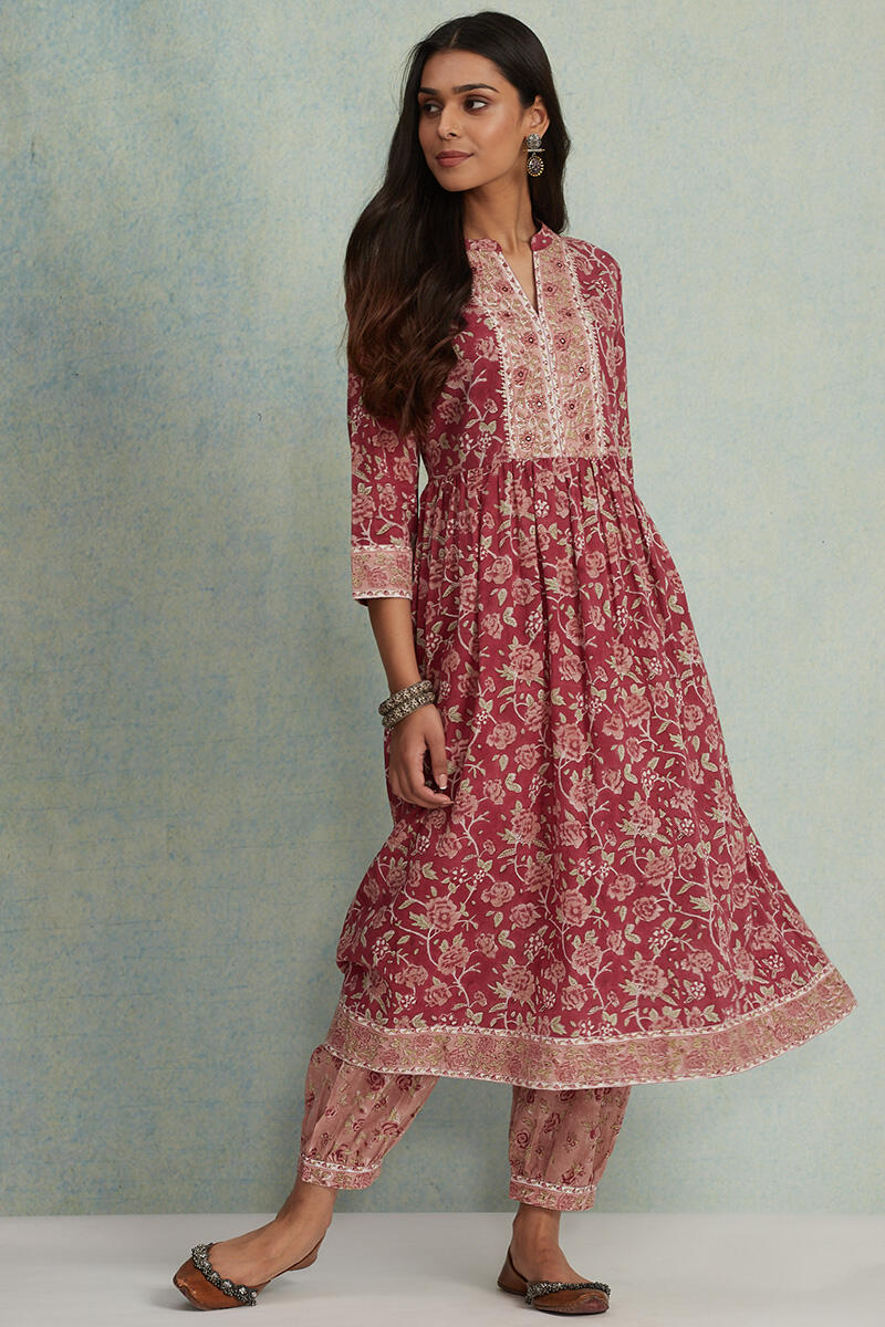 Maroon Block Printed A-Line Cotton Kurta