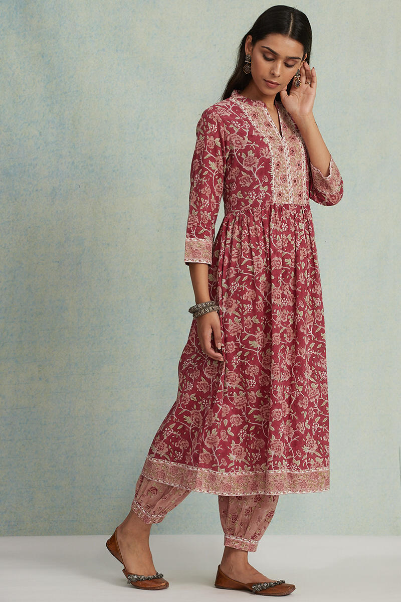 Maroon Block Printed A-Line Cotton Kurta