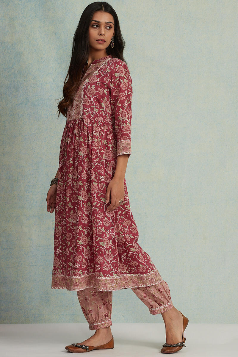 Maroon Block Printed A-Line Cotton Kurta
