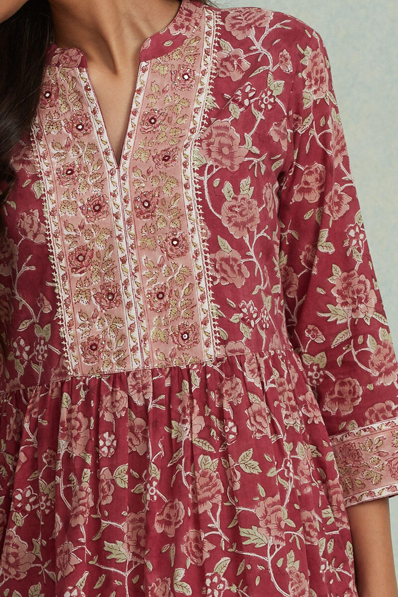 Maroon Block Printed A-Line Cotton Kurta