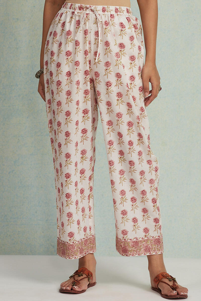 White Block Printed Cotton Straight Farsi