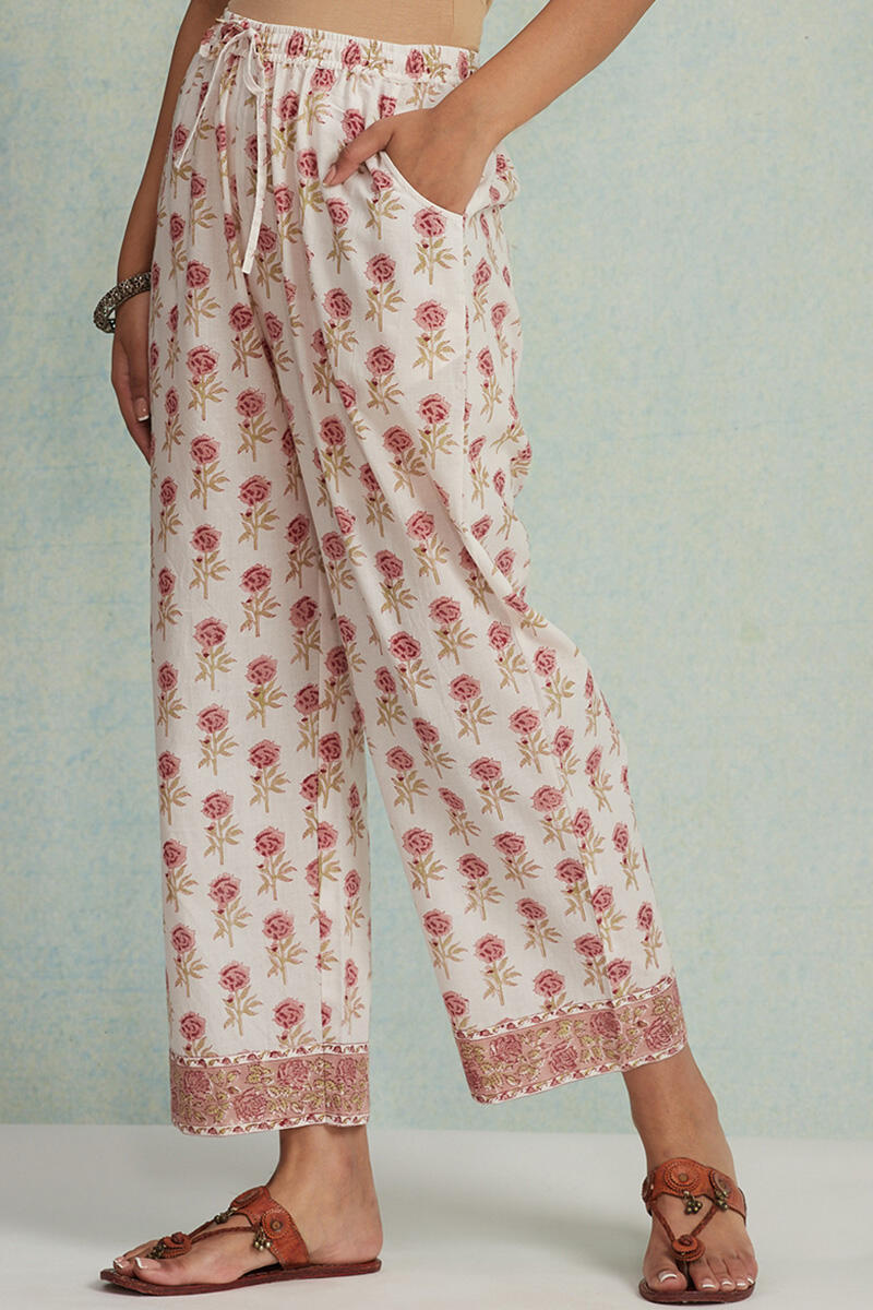White Block Printed Cotton Straight Farsi