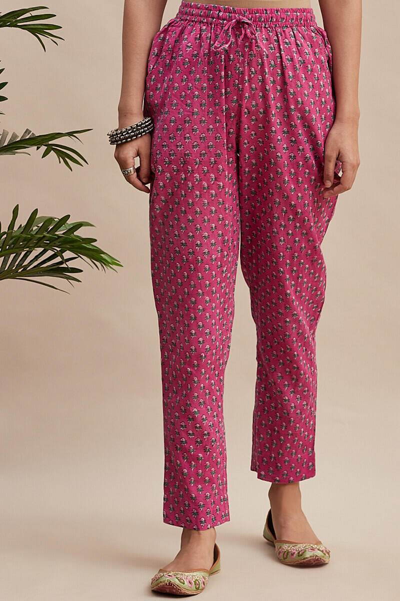 Buy Pink Block Printed Cotton Cigarette Pants Pink Cigarette Pants for Women Farida Gupta