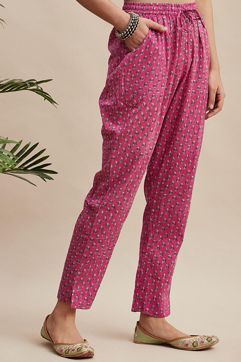 Pink Block Printed Cotton Cigarette Pants