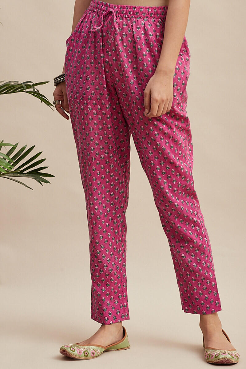 Pink Block Printed Cotton Cigarette Pants