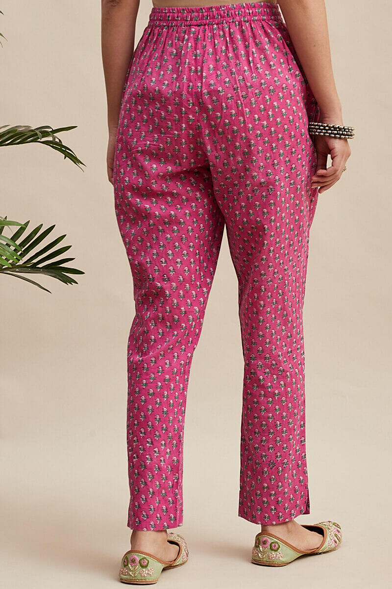 Pink Block Printed Cotton Cigarette Pants