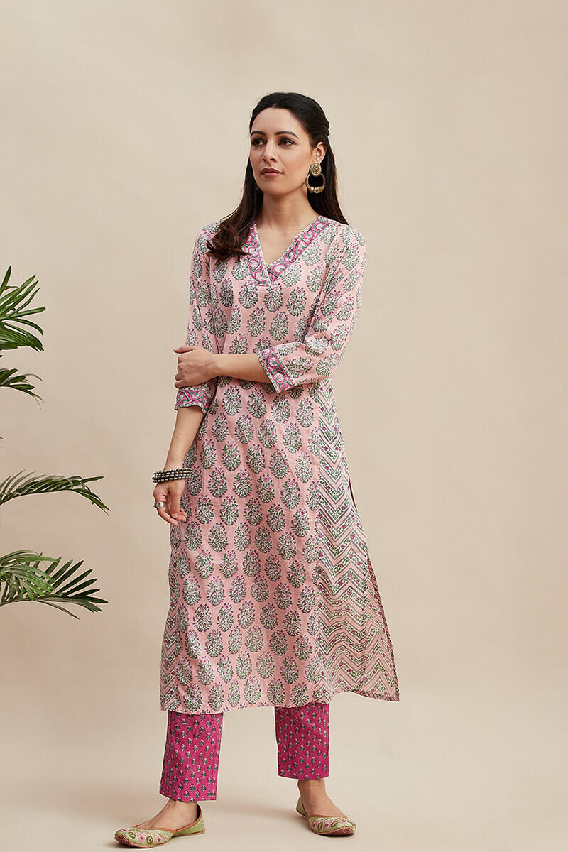 Pink Block Printed Straight Cotton Kurta