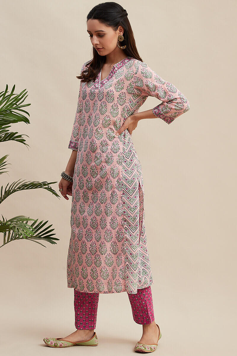 Pink Block Printed Straight Cotton Kurta