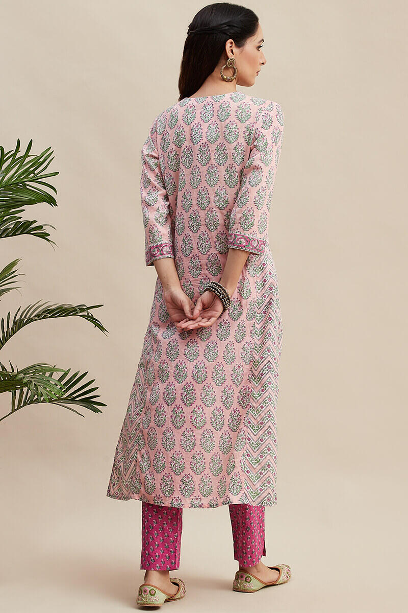 Pink Block Printed Straight Cotton Kurta