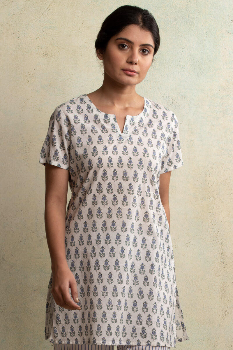 Blue Block Printed Cotton Nightsuit