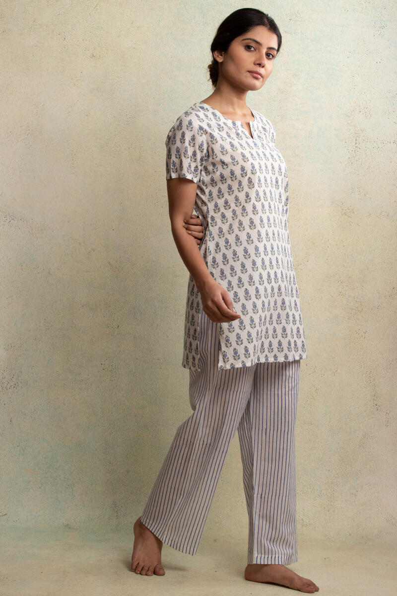 Blue Block Printed Cotton Nightsuit