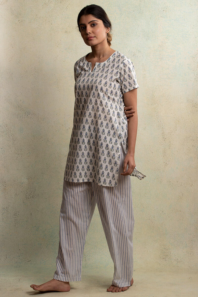 Buy Blue Block Printed Cotton Nightsuit Blue Pajama Set for Women Farida Gupta