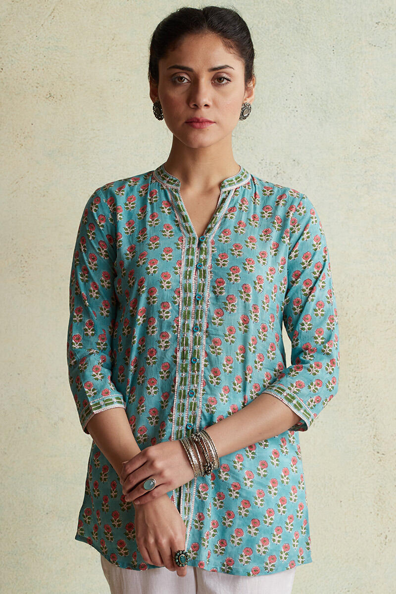 Buy Turquoise Block Printed Cotton Top Turquoise Top for Women Farida Gupta