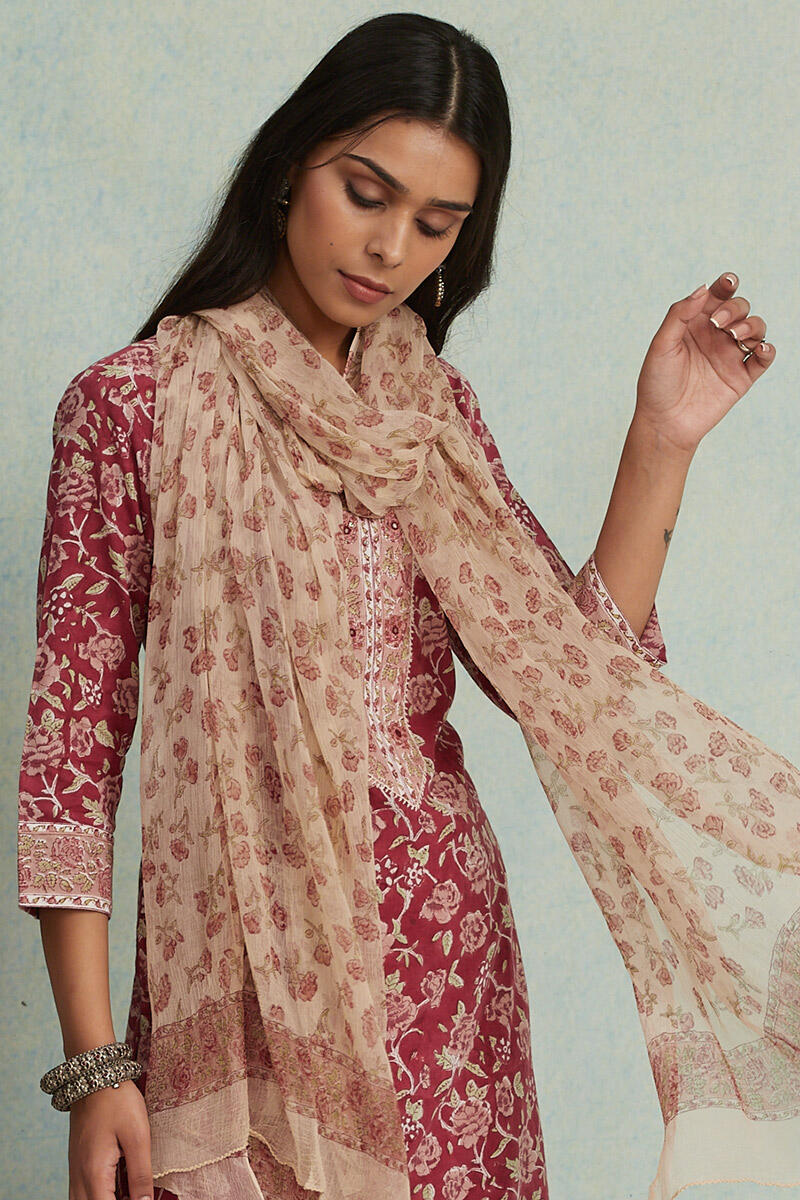 Brown Block Printed Chiffon Dupatta
