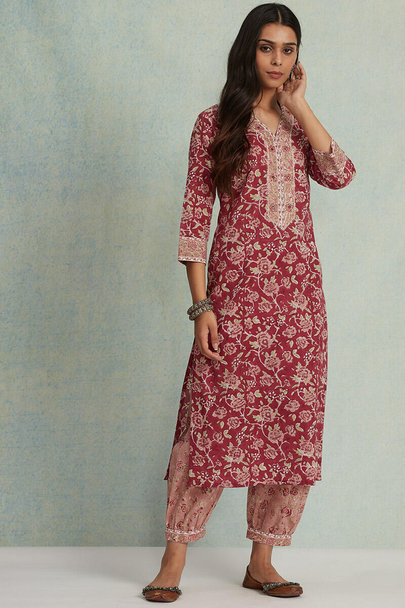 Maroon Block Printed Straight Cotton Kurta