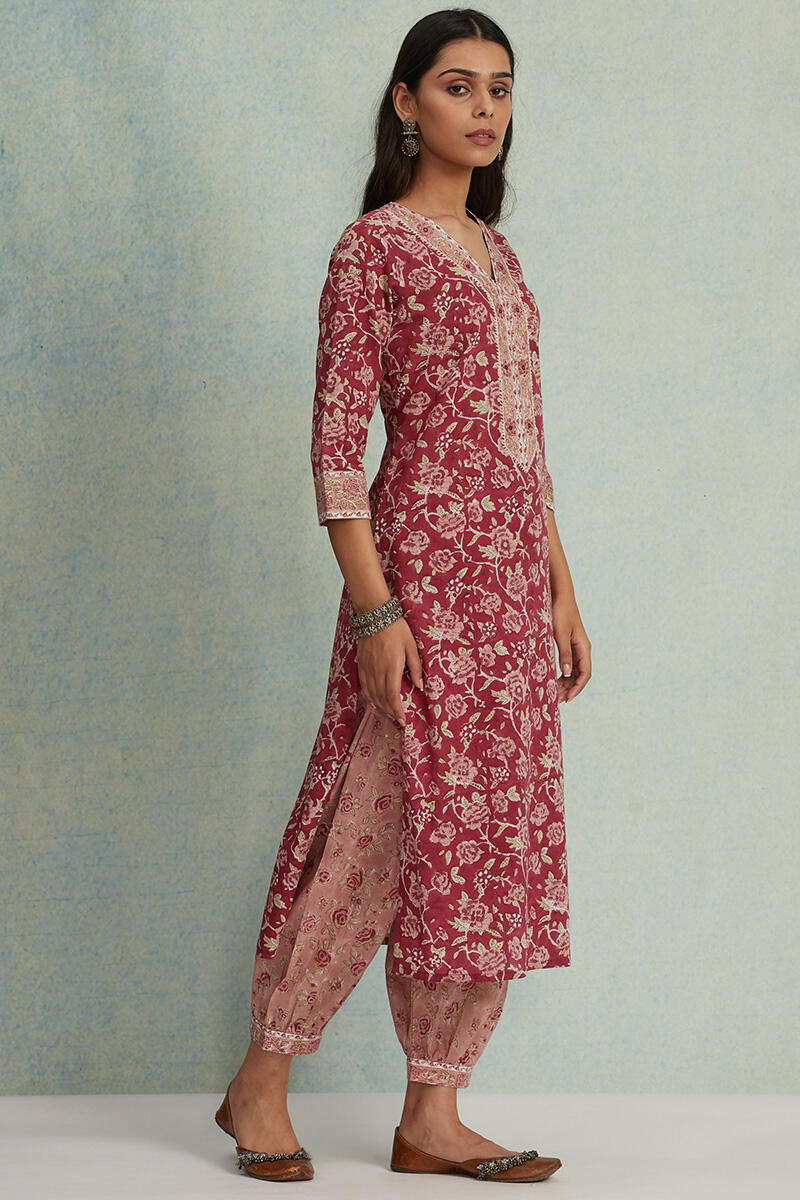Maroon Block Printed Straight Cotton Kurta