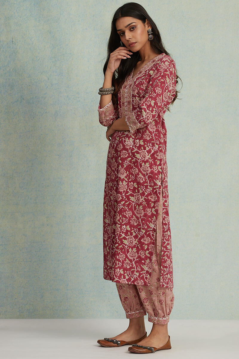 Maroon Block Printed Straight Cotton Kurta
