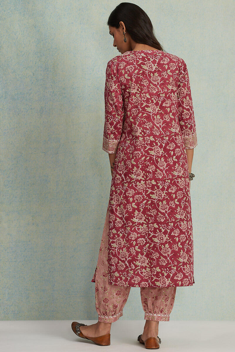 Maroon Block Printed Straight Cotton Kurta