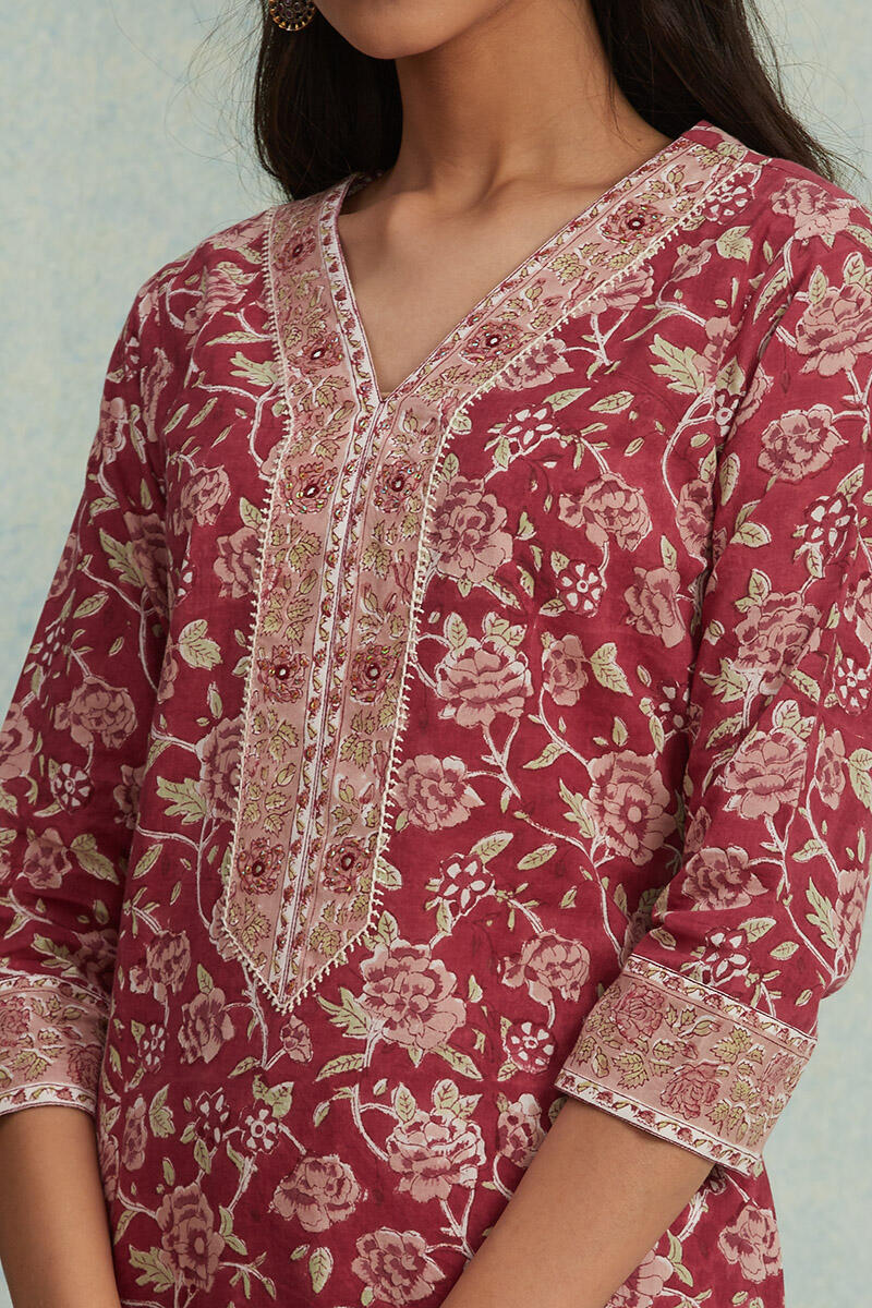 Maroon Block Printed Straight Cotton Kurta