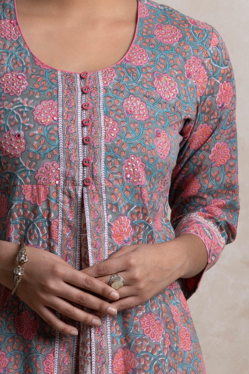 Sanganeri Block Printed A-line Cotton Kurta