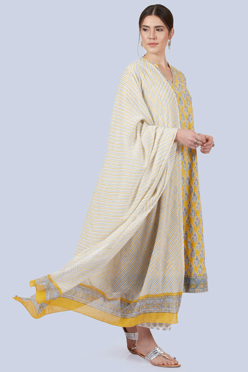 Yellow Block Printed Cotton Dupatta