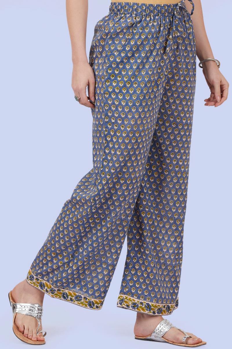 Blue Block Printed Cotton Farsi Pants