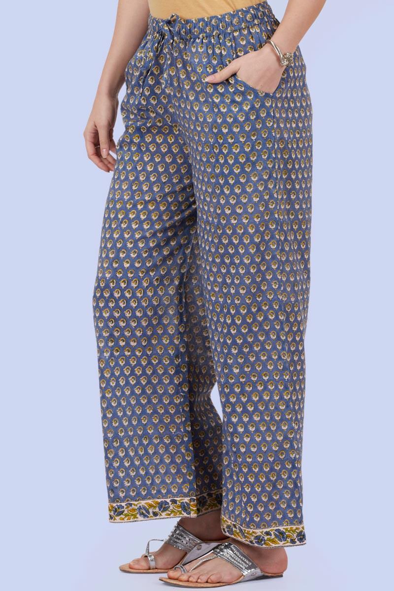 Blue Block Printed Cotton Farsi Pants