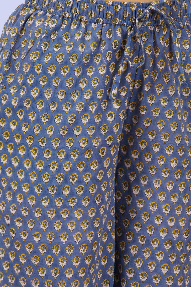 Blue Block Printed Cotton Farsi Pants