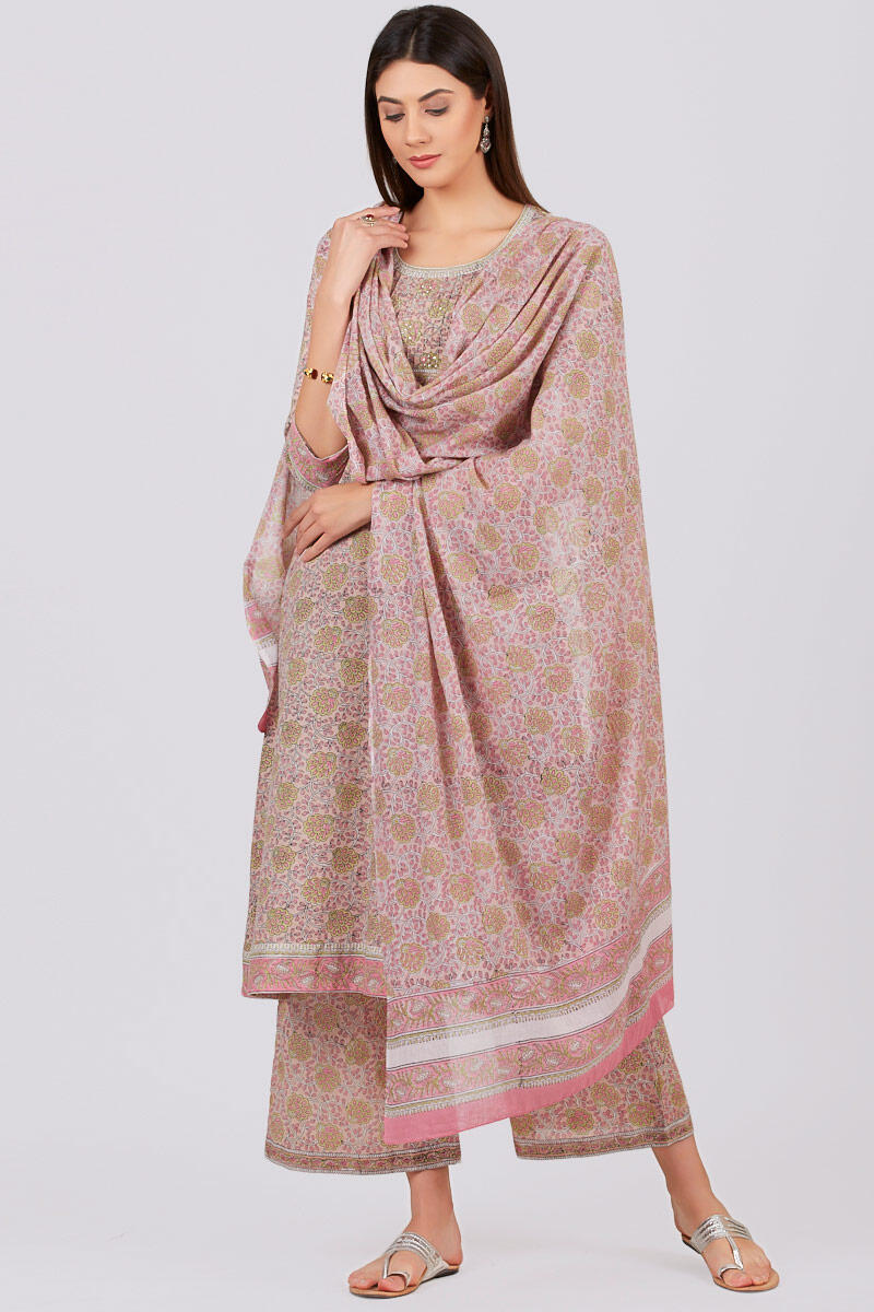 Pink Block Printed Cotton Dupatta