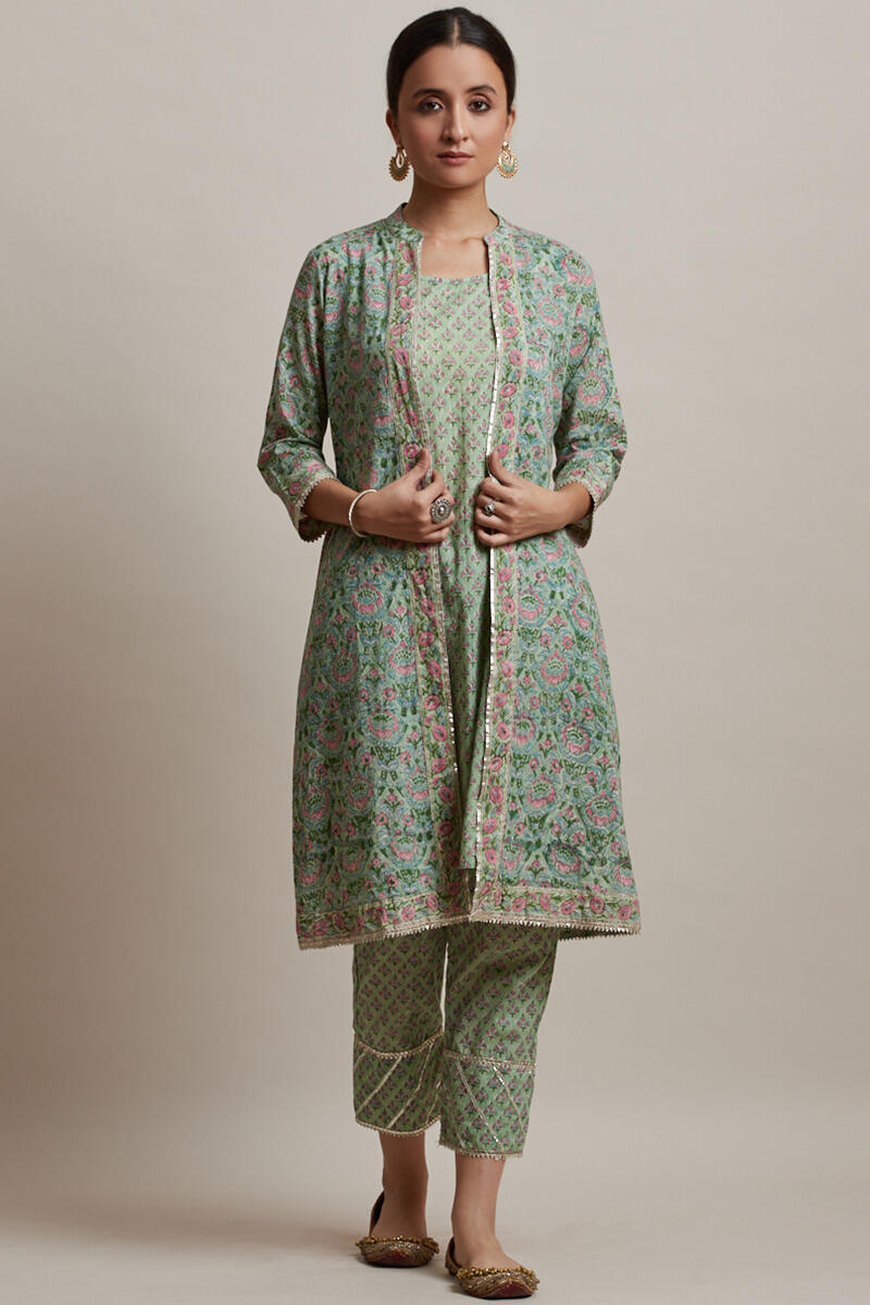 Green Block Printed Straight Cotton Kurta