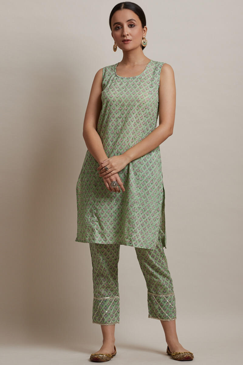 Green Block Printed Straight Cotton Kurta