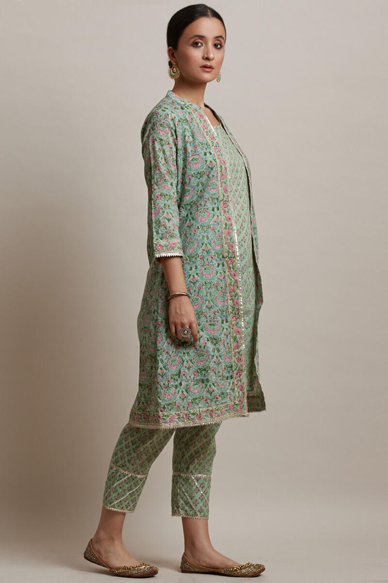 Green Block Printed Straight Cotton Kurta