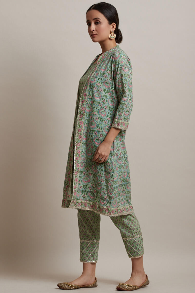 Green Block Printed Straight Cotton Kurta