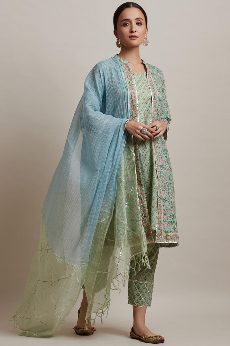Green Block Printed Straight Cotton Kurta