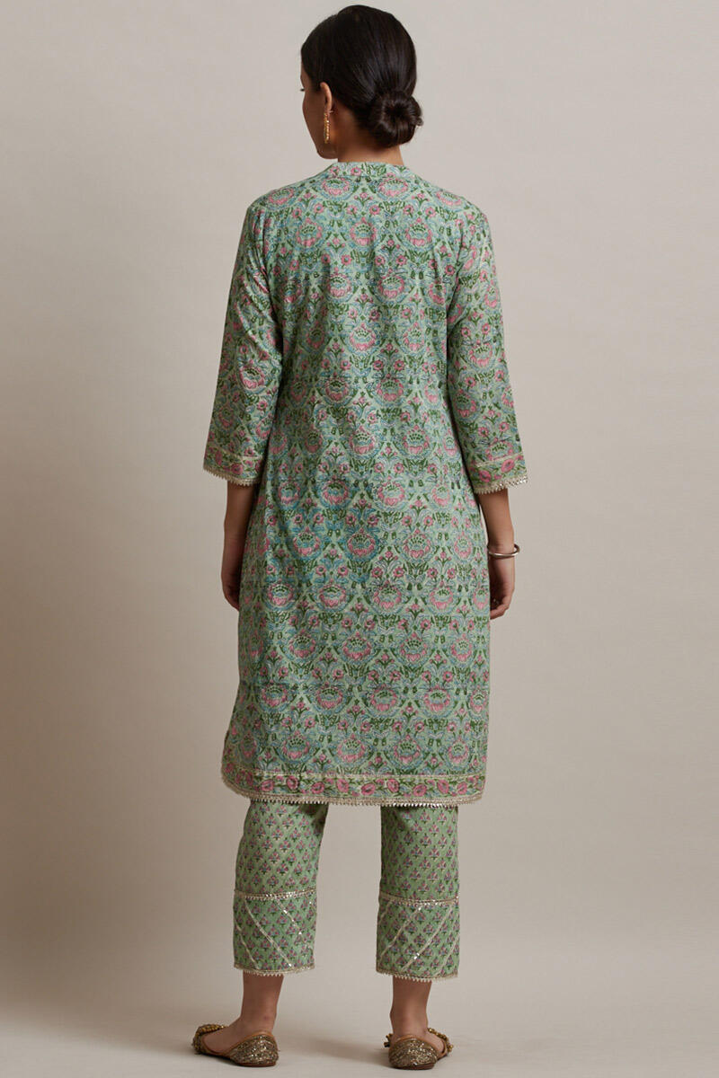 Green Block Printed Straight Cotton Kurta